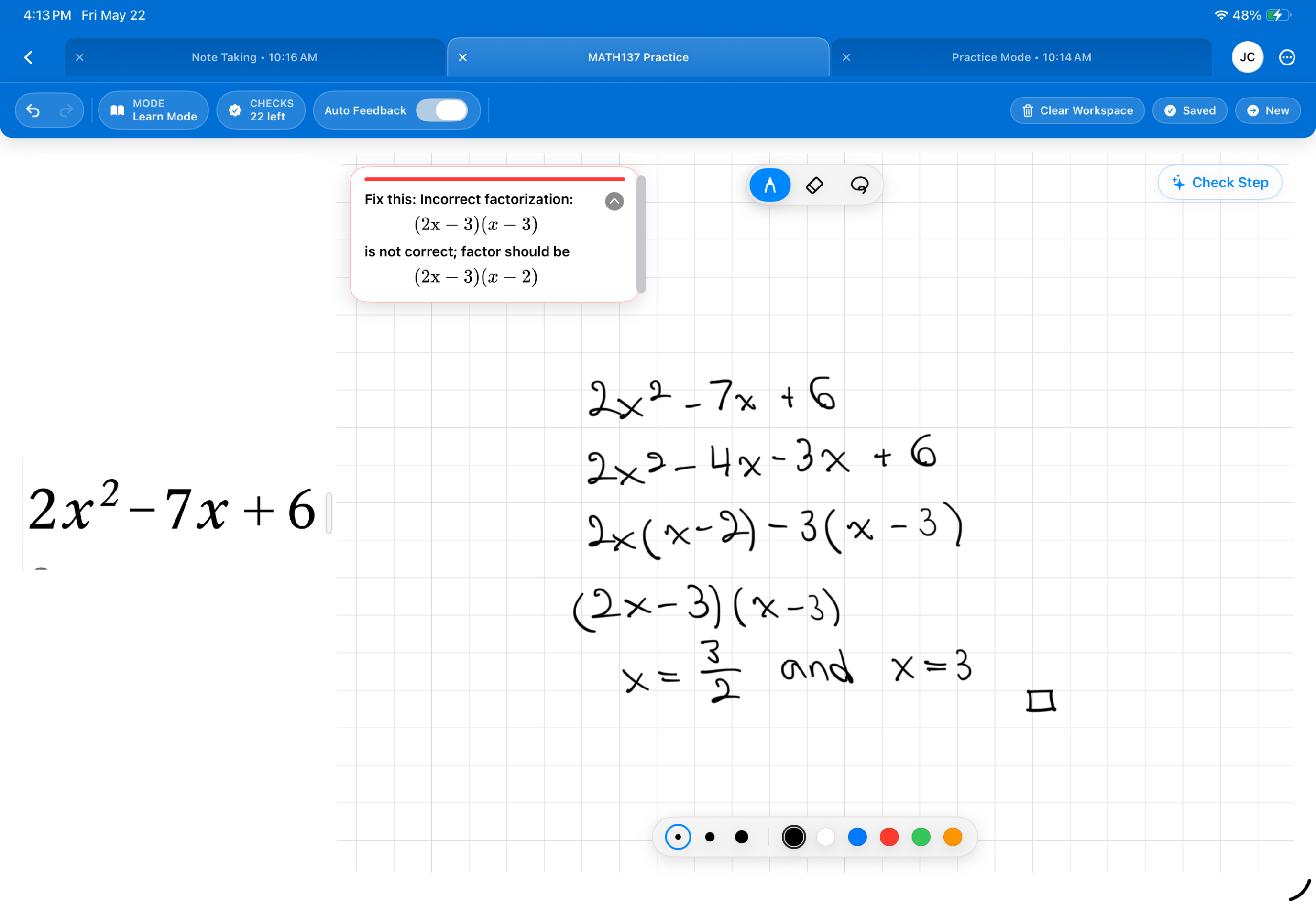AI feedback correcting a handwritten factorization step in StepNote