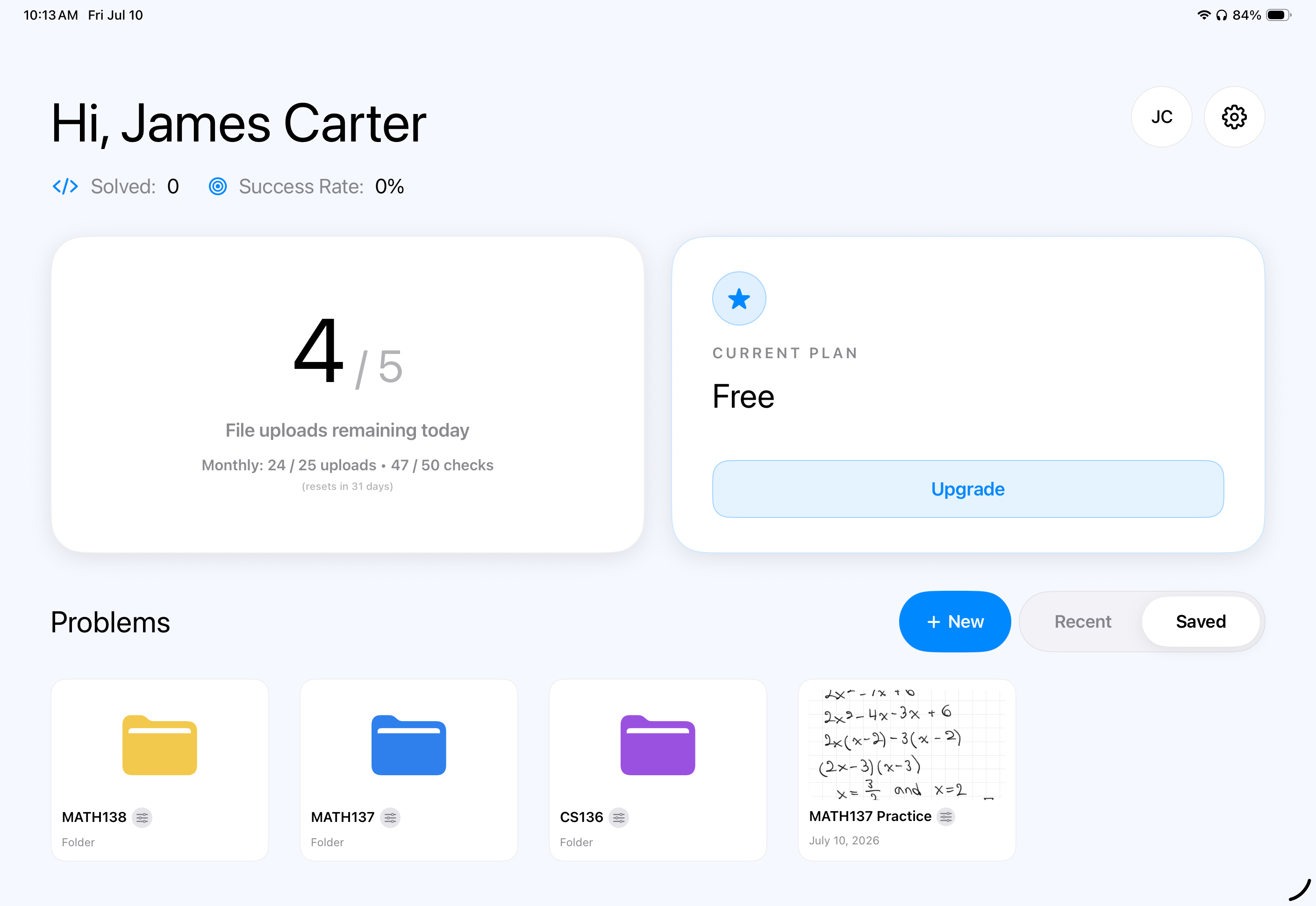 StepNote home screen with saved problems and folders