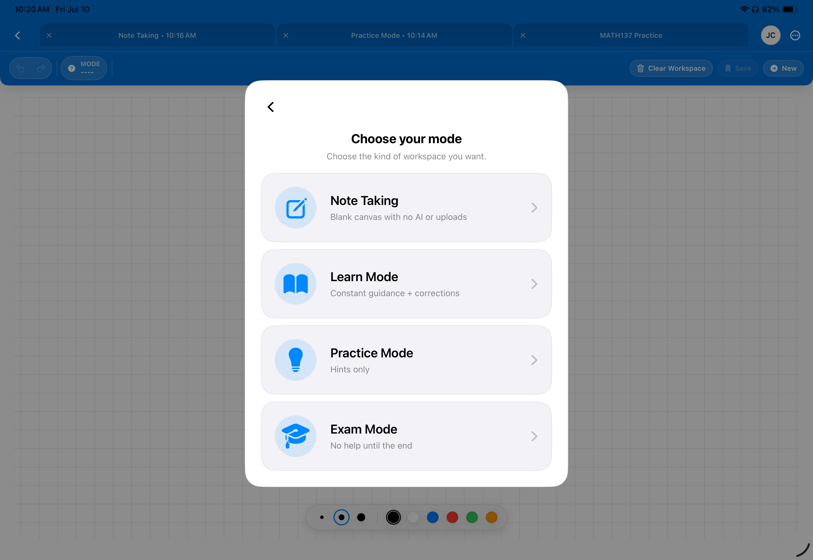 StepNote mode picker with Note Taking, Learn, Practice, and Exam modes