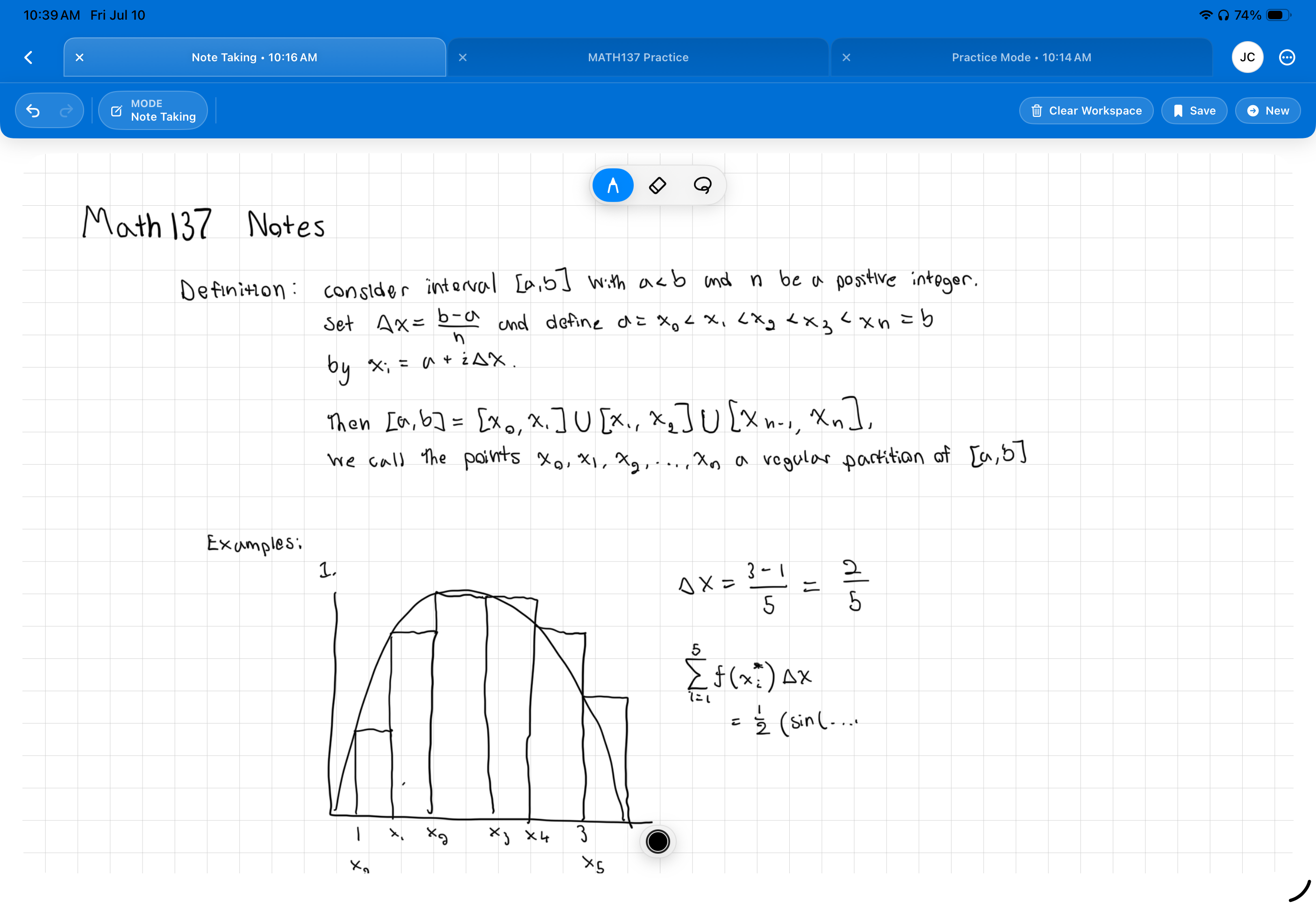 StepNote workspace with handwritten mathematics notes